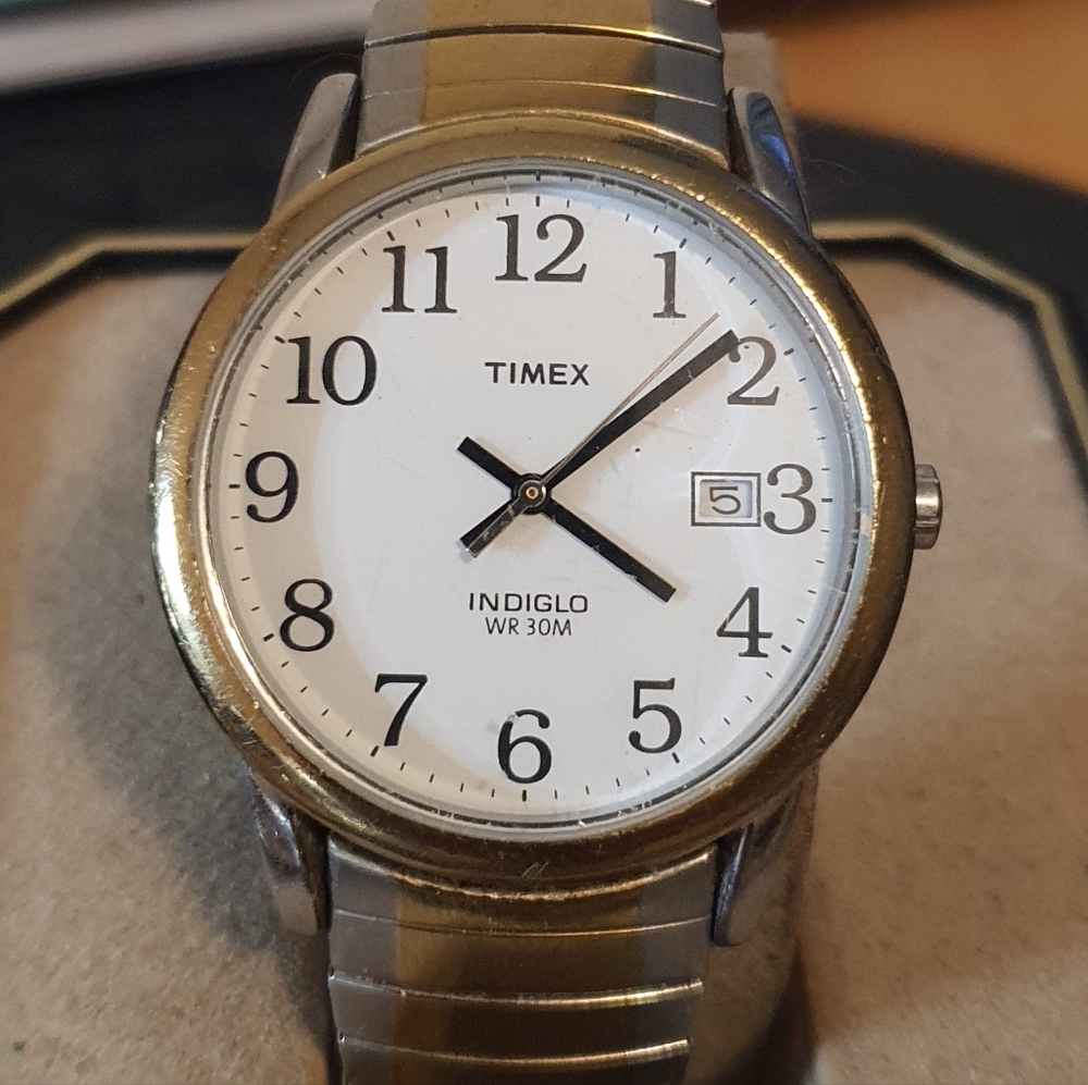 Timex Indiglo SilverGoldtone Stainless Steel Mens Watch WDate